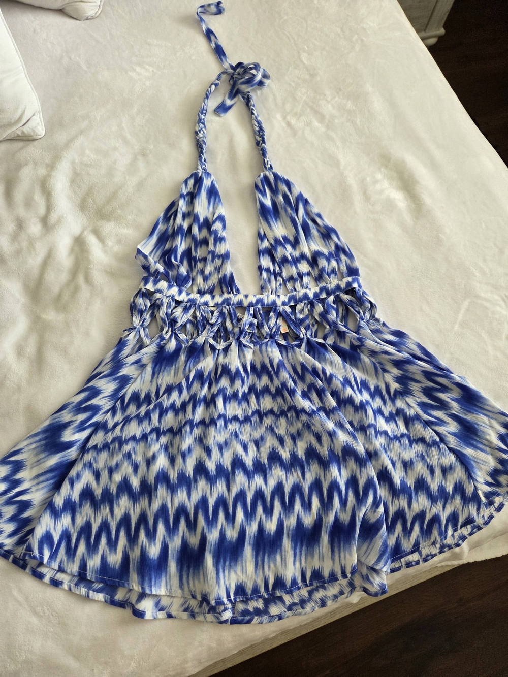 Blue and White Halter Ikat Print Mini Dress